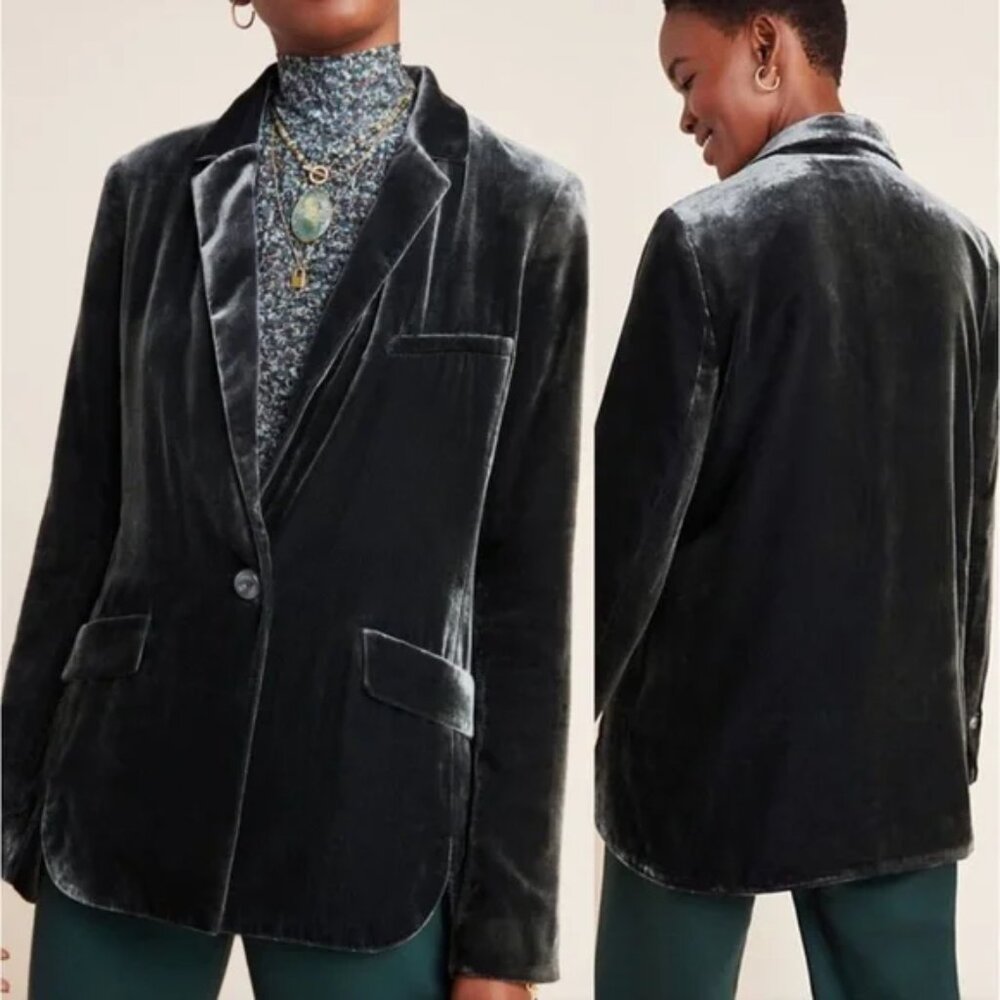 Anthropologie Alessia Crushed Velvet Blazer Jacket Dark Gray Bohemian size XS